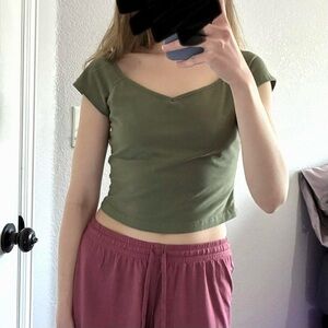 Olive Green V-neck Crop Tee